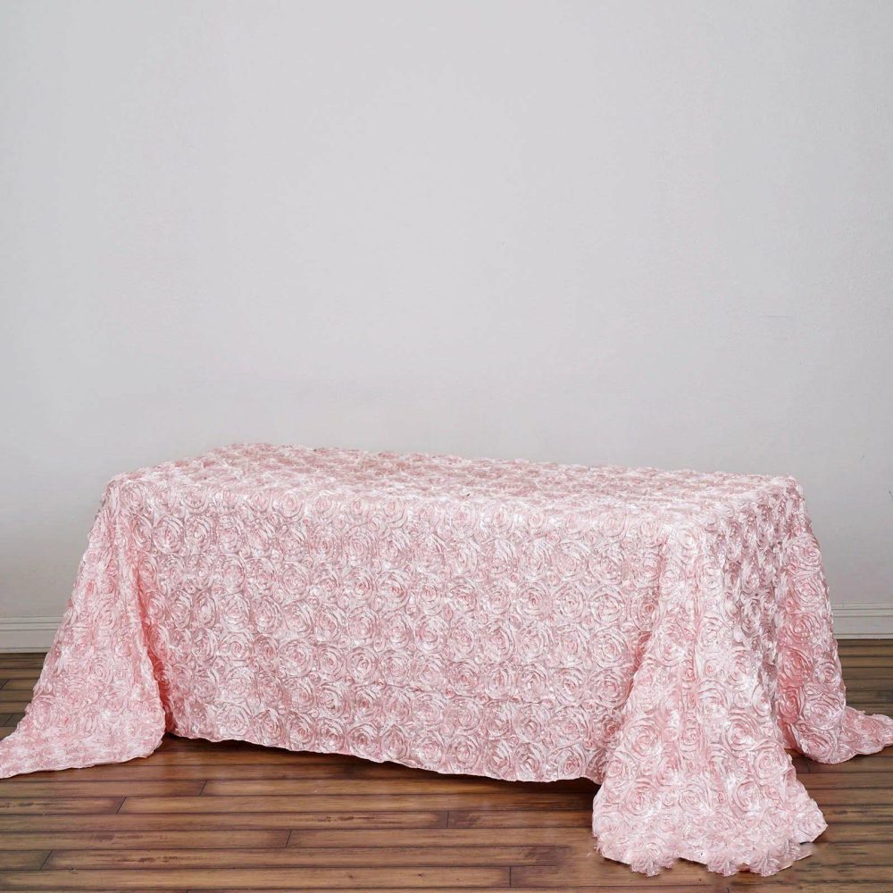 Blush Seamless Grandiose 3D Rosette Satin Rectangle Tablecloth 90″x132″ for 6 Foot Table With Floor-Length Drop  |   Rosette Rosette Blush