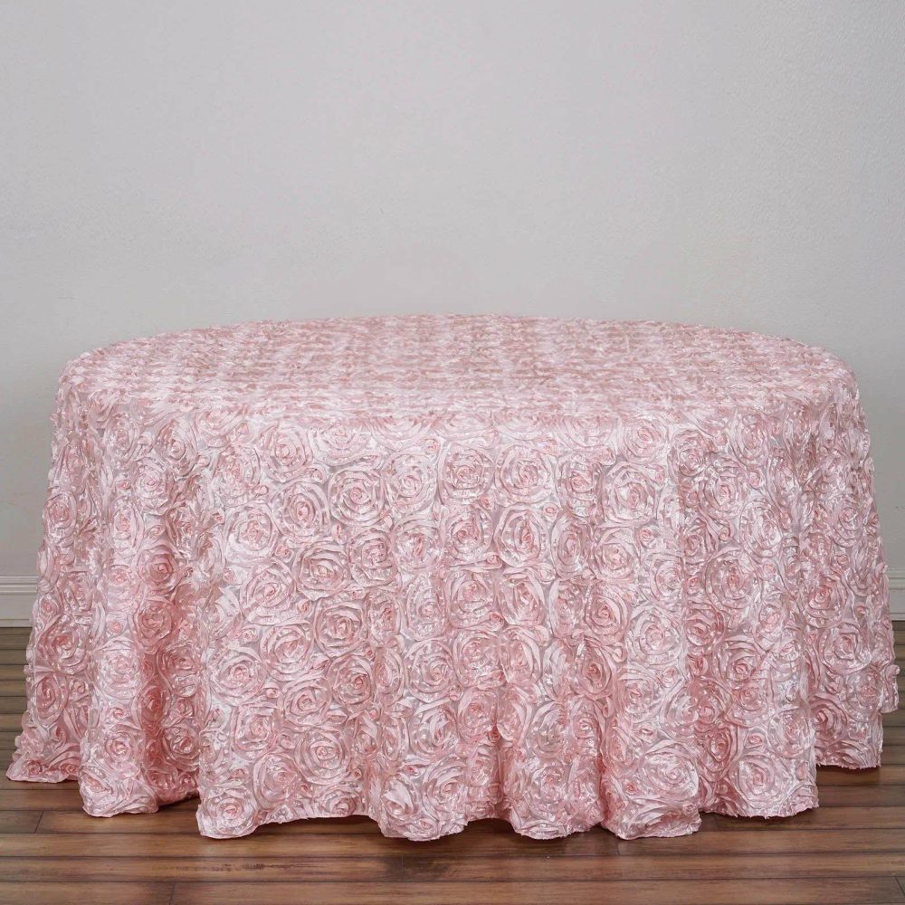 Blush Seamless Grandiose 3D Rosette Satin Round Tablecloth 120″ for 5 Foot Table With Floor-Length Drop  |   Rosette Rosette Blush