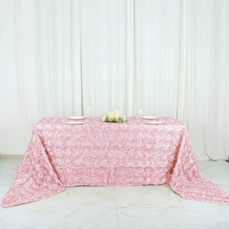 Blush Seamless Grandiose Rosette Satin Rectangle Tablecloth 90″x156″ for 8 Foot Table With Floor-Length Drop  |   Rosette Rosette Blush