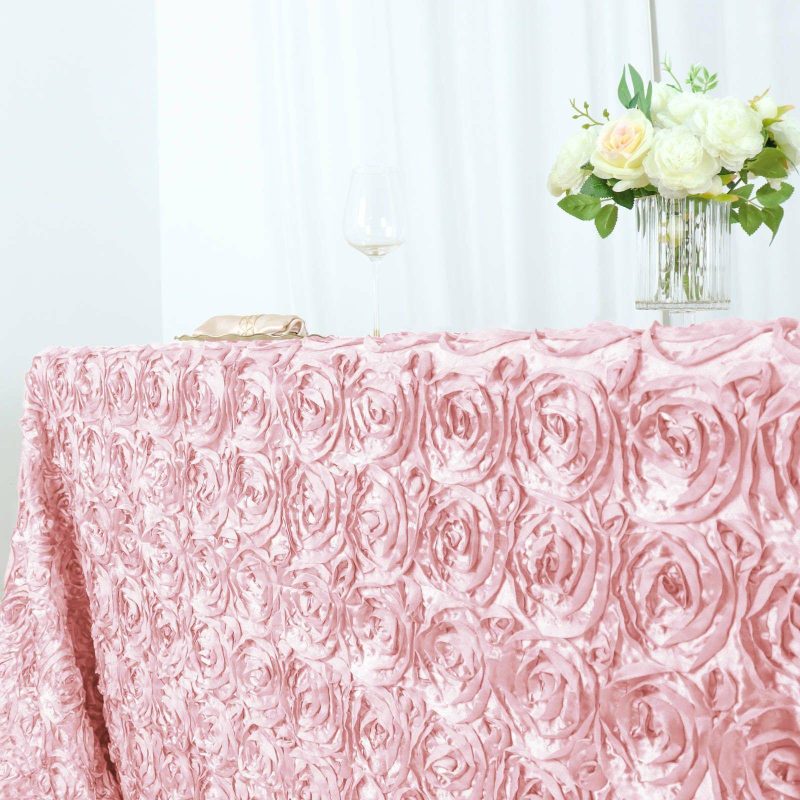 Blush Seamless Grandiose Rosette Satin Rectangle Tablecloth 90″x156″ for 8 Foot Table With Floor-Length Drop  |   Rosette Rosette Blush