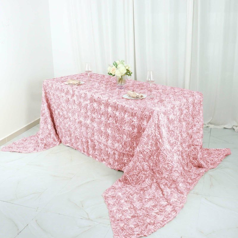 Blush Seamless Grandiose Rosette Satin Rectangle Tablecloth 90″x156″ for 8 Foot Table With Floor-Length Drop  |   Rosette Rosette Blush