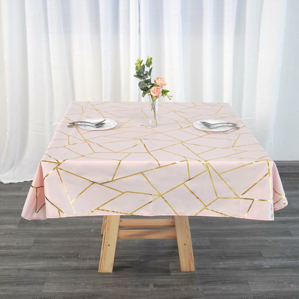 Blush Seamless Polyester Square Tablecloth With Gold Foil Geometric Pattern 54″x54″  |   Polyester Polyester Blush/Gold