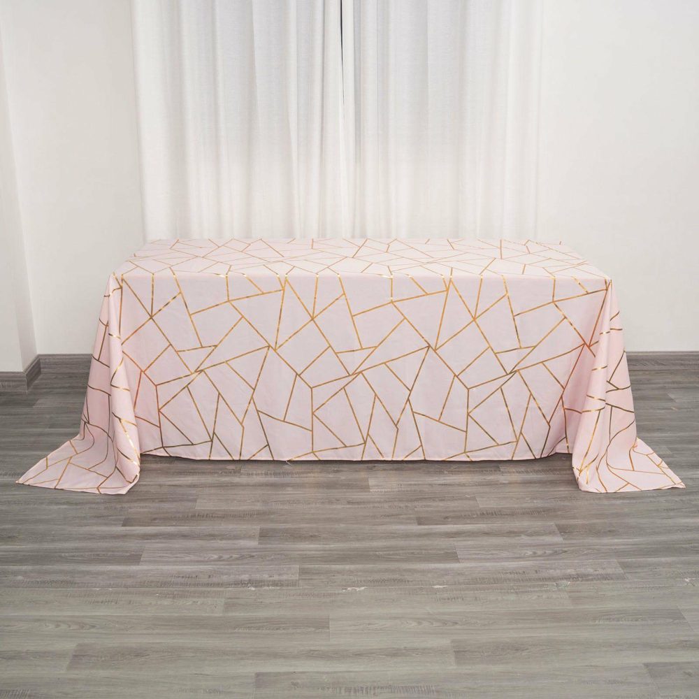 Blush Seamless Rectangle Polyester Tablecloth With Gold Foil Geometric Pattern 90″x132″ for 6 Foot Table With Floor-Length Drop  |   Polyester Polyester Blush/Gold