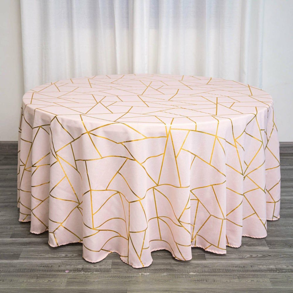 Blush Seamless Round Polyester Tablecloth With Gold Foil Geometric Pattern 120″ for 5 Foot Table With Floor-Length Drop  |   Polyester Polyester Blush