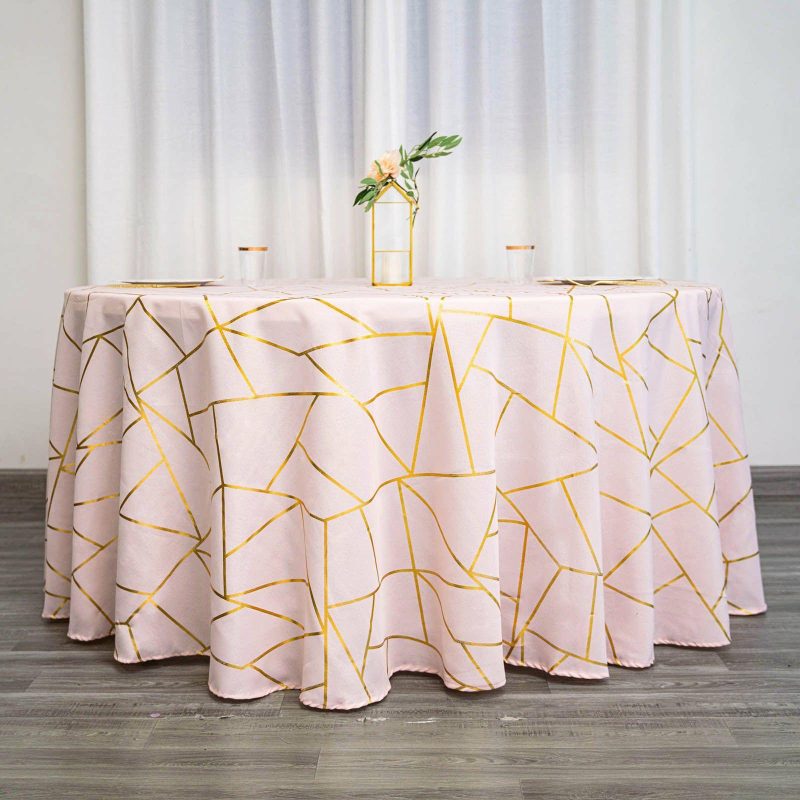 Blush Seamless Round Polyester Tablecloth With Gold Foil Geometric Pattern 120″ for 5 Foot Table With Floor-Length Drop  |   Polyester Polyester Blush