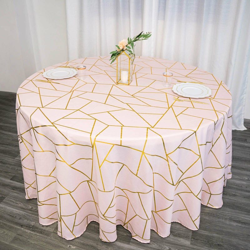 Blush Seamless Round Polyester Tablecloth With Gold Foil Geometric Pattern 120″ for 5 Foot Table With Floor-Length Drop  |   Polyester Polyester Blush