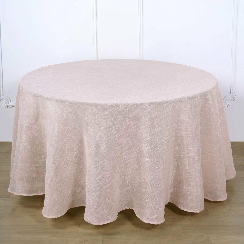 Blush Seamless Round Tablecloth, Linen Table Cloth With Slubby Textured, Wrinkle Resistant 120″ for 5 Foot Table With Floor-Length Drop  |   Jute Burlap & Lace Jute Burlap & Lace Blush