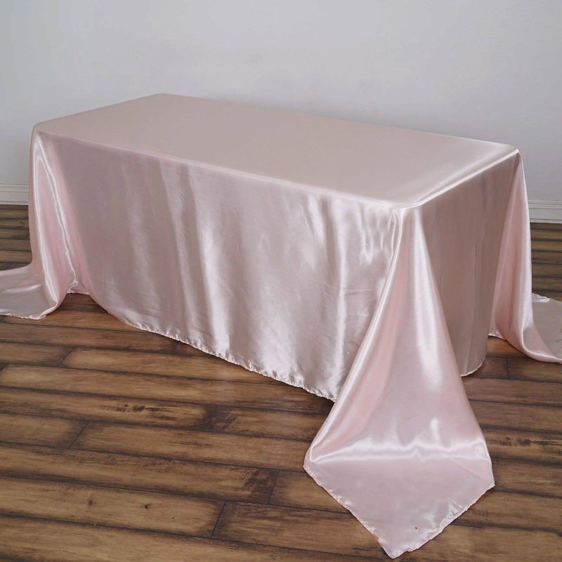 Blush Seamless Satin Rectangular Tablecloth 90″x156″ for 8 Foot Table With Floor-Length Drop  |   Satin Satin Blush