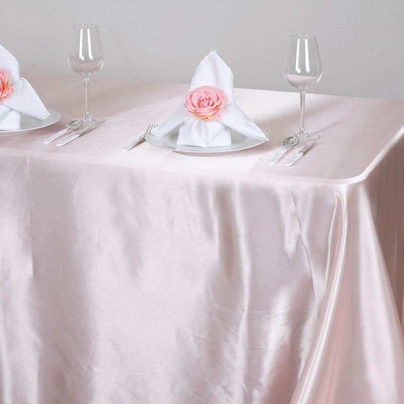 Blush Seamless Satin Rectangular Tablecloth 90″x156″ for 8 Foot Table With Floor-Length Drop  |   Satin Satin Blush