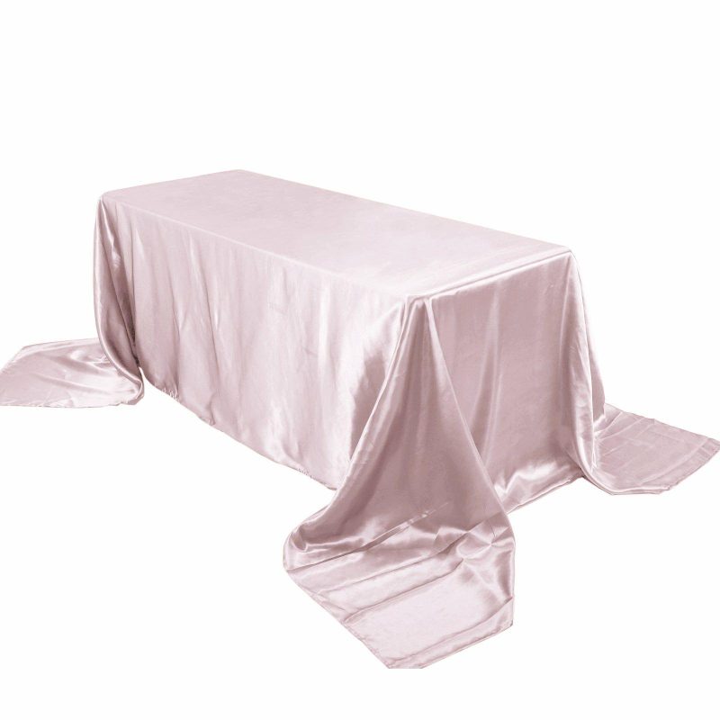 Blush Seamless Satin Rectangular Tablecloth 90″x156″ for 8 Foot Table With Floor-Length Drop  |   Satin Satin Blush