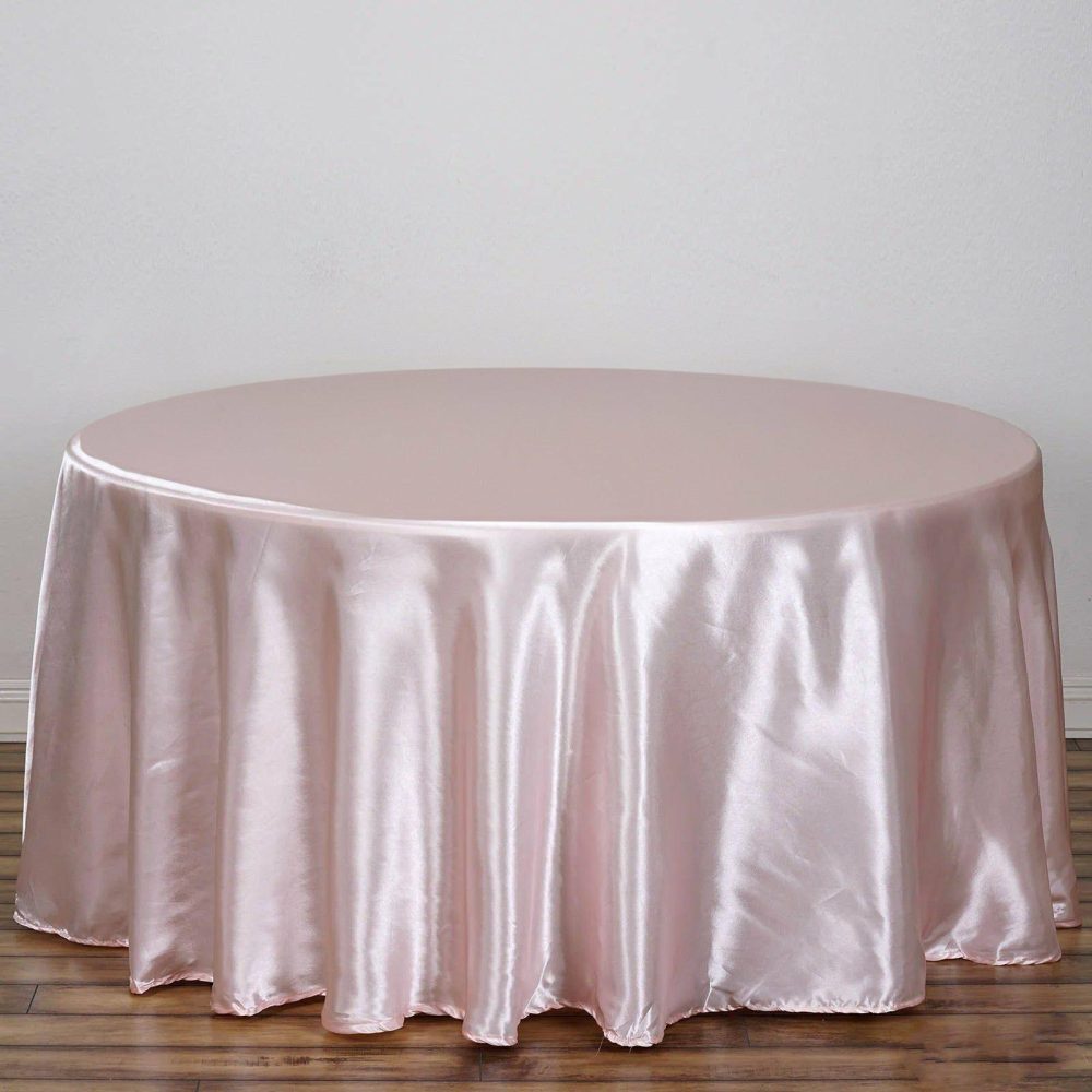 Blush Seamless Satin Round Tablecloth 120″ for 5 Foot Table With Floor-Length Drop  |   Satin Satin Blush