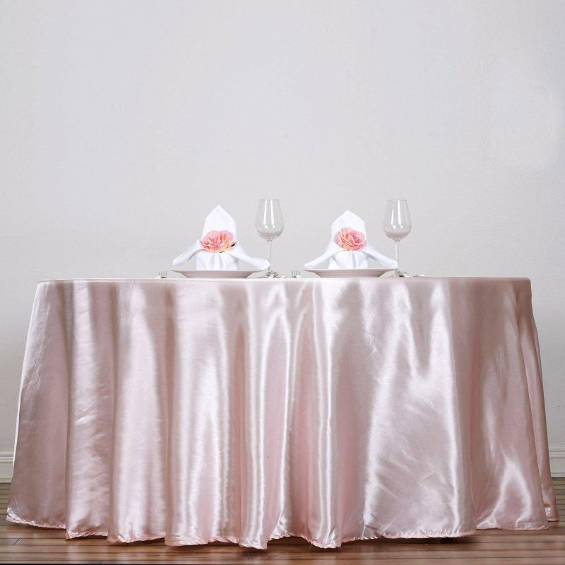 Blush Seamless Satin Round Tablecloth 120″ for 5 Foot Table With Floor-Length Drop  |   Satin Satin Blush