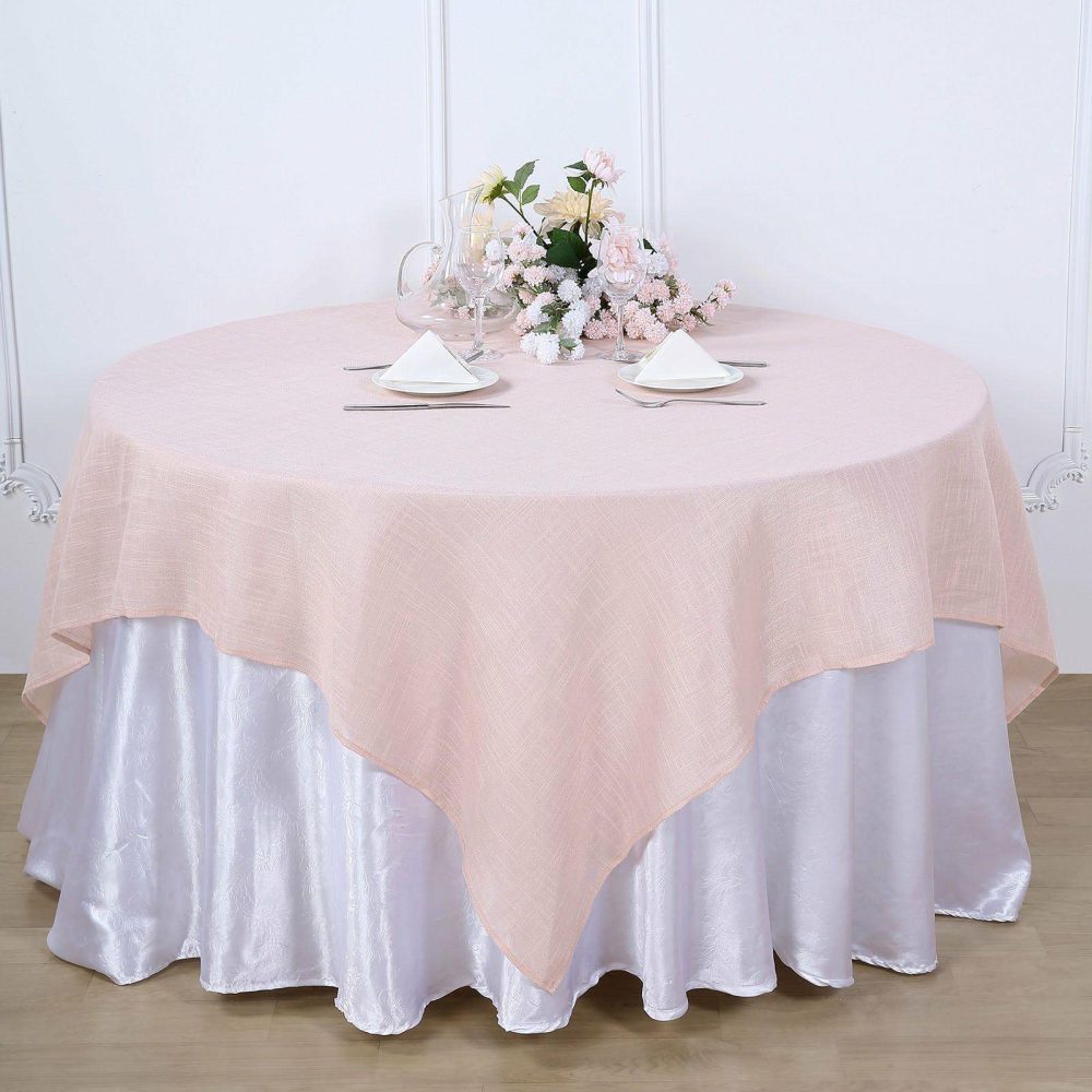 Blush Slubby Textured Linen Square Table Overlay, Wrinkle Resistant Polyester Tablecloth Topper 72″x72″  |   Jute Burlap & Lace Jute Burlap & Lace Blush