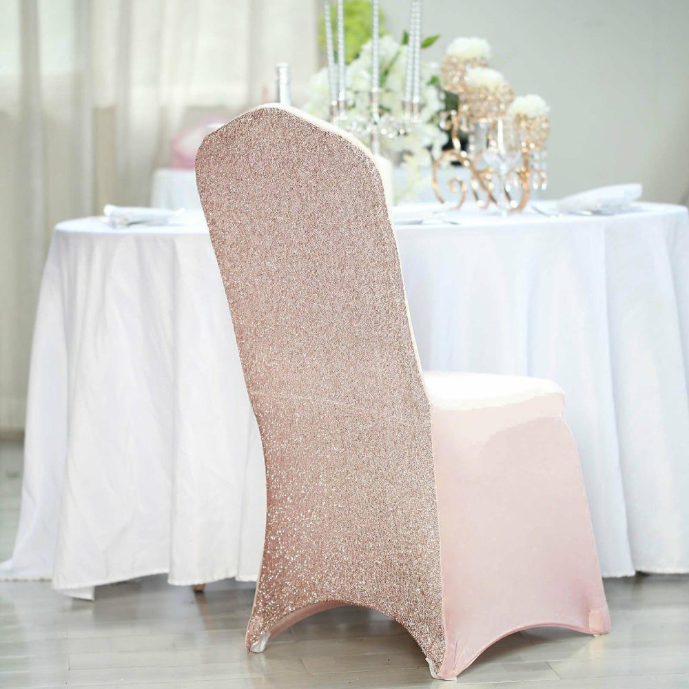 Blush Spandex Stretch Banquet Chair Cover, Fitted with Metallic Shimmer Tinsel Back  |   Spandex Fitted Banquet Chair Covers Blush