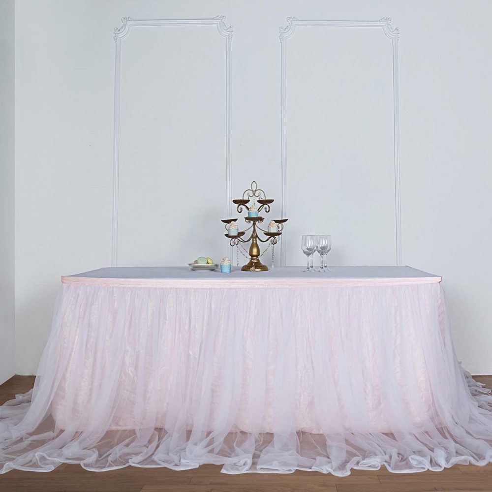 Blush White Extra Long Two Layered Tulle and Satin Table Skirt 48″ 17ft  |   Ruffled Tulle Ruffled Tulle Blush/White