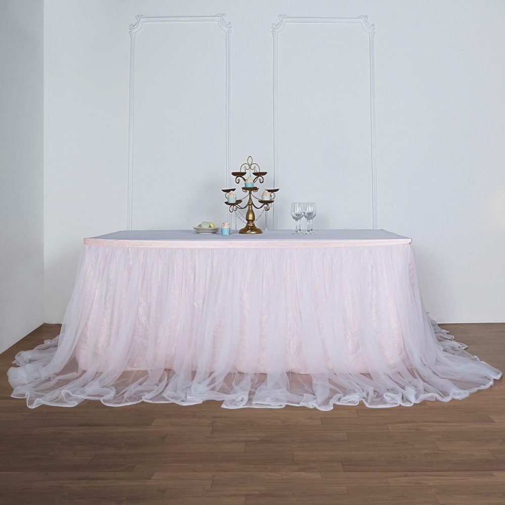 Blush White Extra Long Two Layered Tulle and Satin Table Skirt 48″ 21ft  |   Ruffled Tulle Ruffled Tulle Blush/White