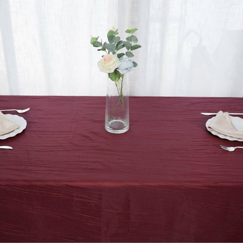 Burgundy Accordion Crinkle Taffeta Seamless Rectangular Tablecloth 90″x156″ for 8 Foot Table With Floor-Length Drop  |   Pintuck, Crinkle & Leaf Pintuck, Crinkle & Leaf Burgundy