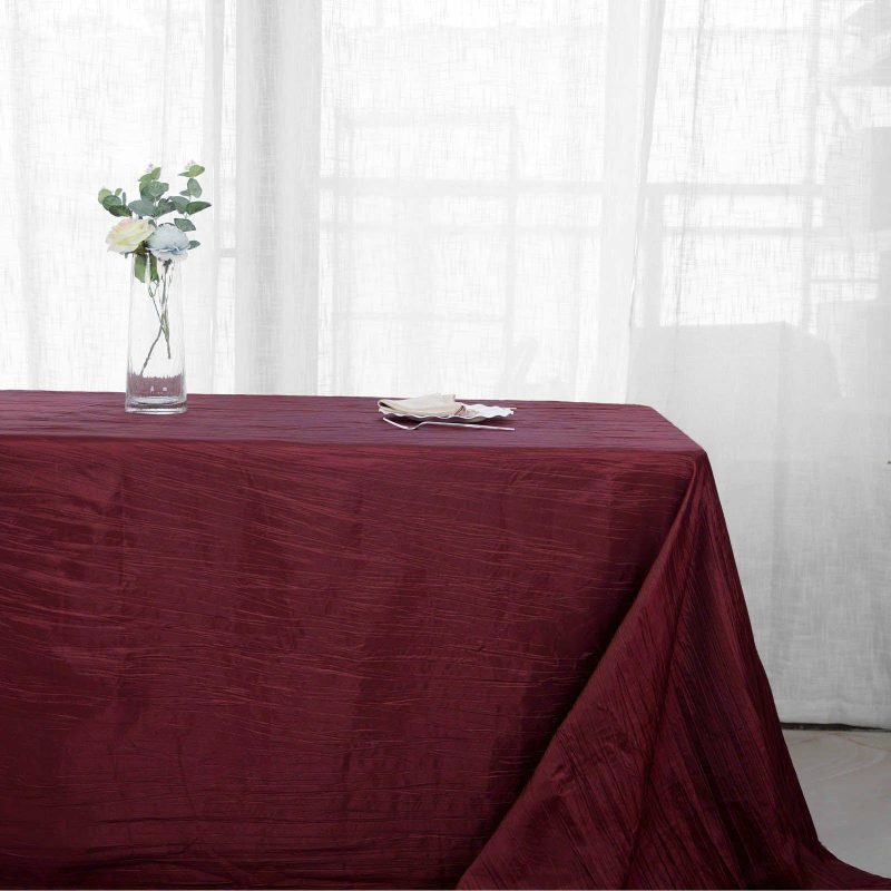 Burgundy Accordion Crinkle Taffeta Seamless Rectangular Tablecloth 90″x156″ for 8 Foot Table With Floor-Length Drop  |   Pintuck, Crinkle & Leaf Pintuck, Crinkle & Leaf Burgundy