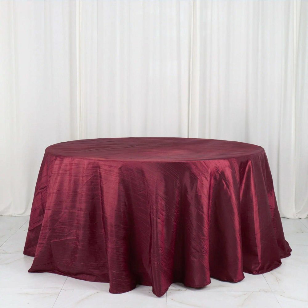 Burgundy Accordion Crinkle Taffeta Seamless Round Tablecloth 132″ for 6 Foot Table With Floor-Length Drop  |   Pintuck, Crinkle & Leaf Pintuck, Crinkle & Leaf Burgundy