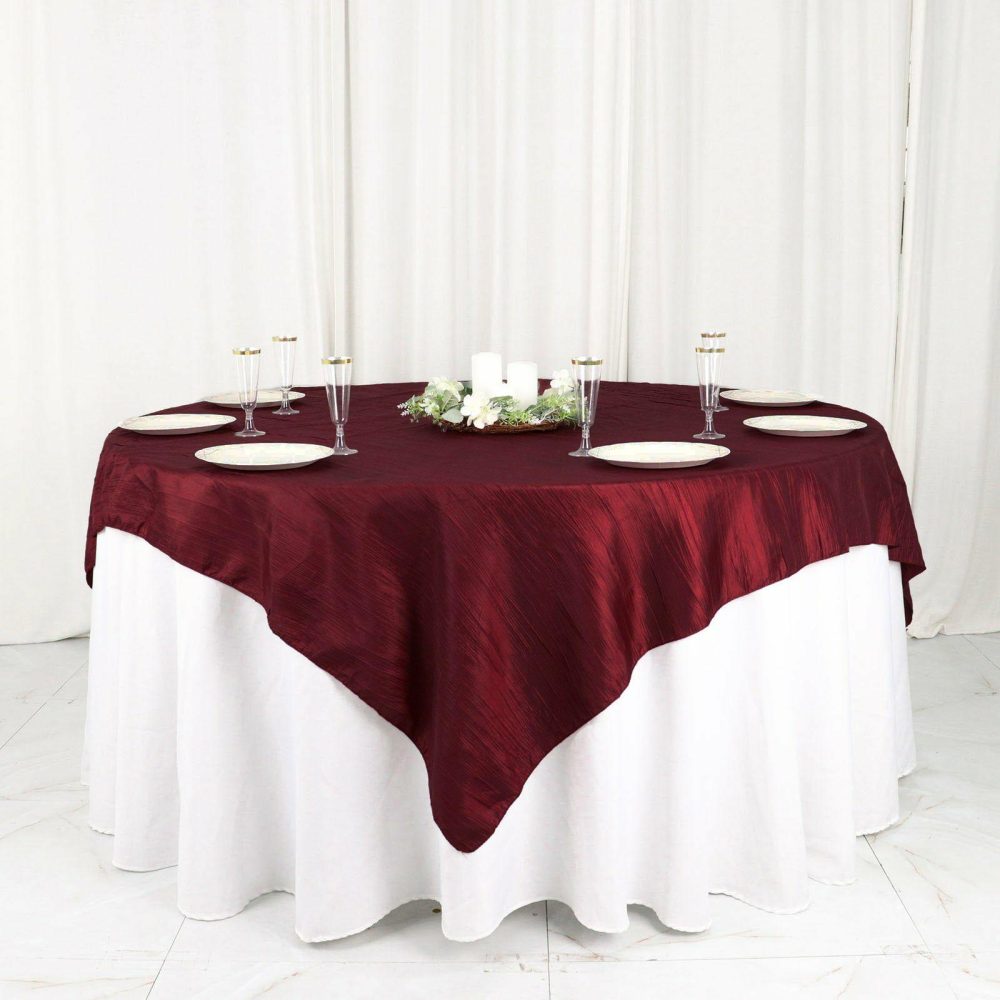 Burgundy Accordion Crinkle Taffeta Table Overlay, Square Tablecloth Topper 72″x72″  |   Satin & Taffeta Satin & Taffeta Burgundy