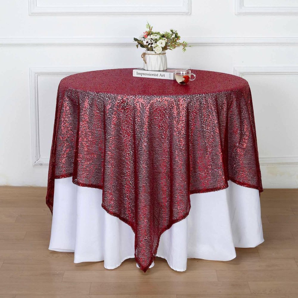 Burgundy Duchess Sequin Square Table Overlay 60″x60″  |   Sequin Sequin Burgundy