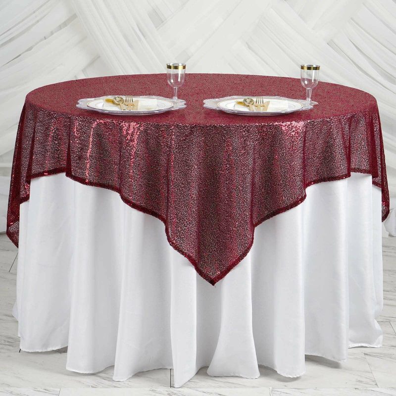 Burgundy Duchess Sequin Square Table Overlay 60″x60″  |   Sequin Sequin Burgundy