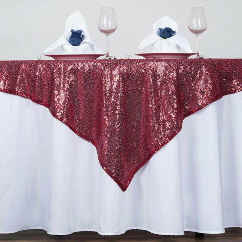 Burgundy Duchess Sequin Square Table Overlay 60″x60″  |   Sequin Sequin Burgundy