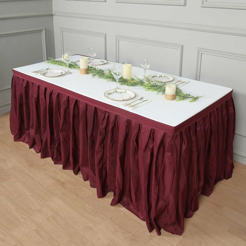 Burgundy Pleated Polyester Table Skirt, Banquet Folding Table Skirt 14ft  |   Polyester Polyester Burgundy