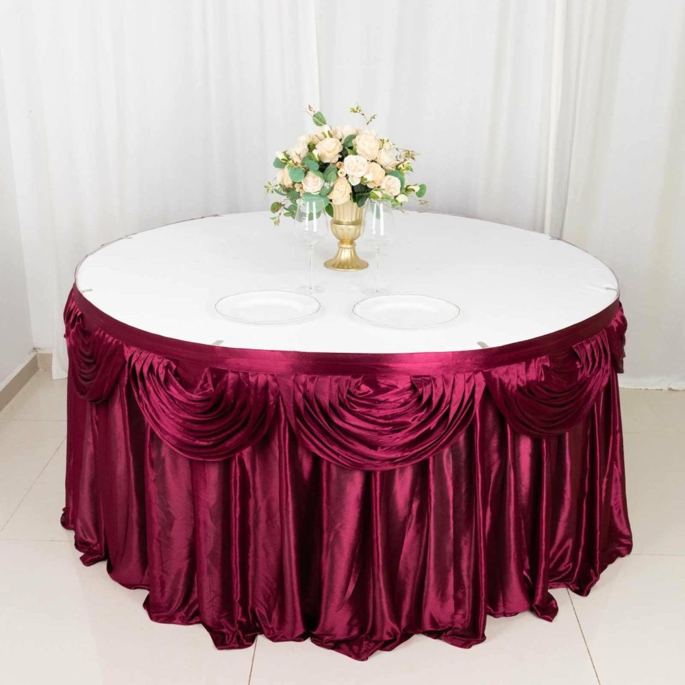 Burgundy Pleated Satin Double Drape Table Skirt 14ft  |   Satin Shimmer Satin Shimmer Burgundy