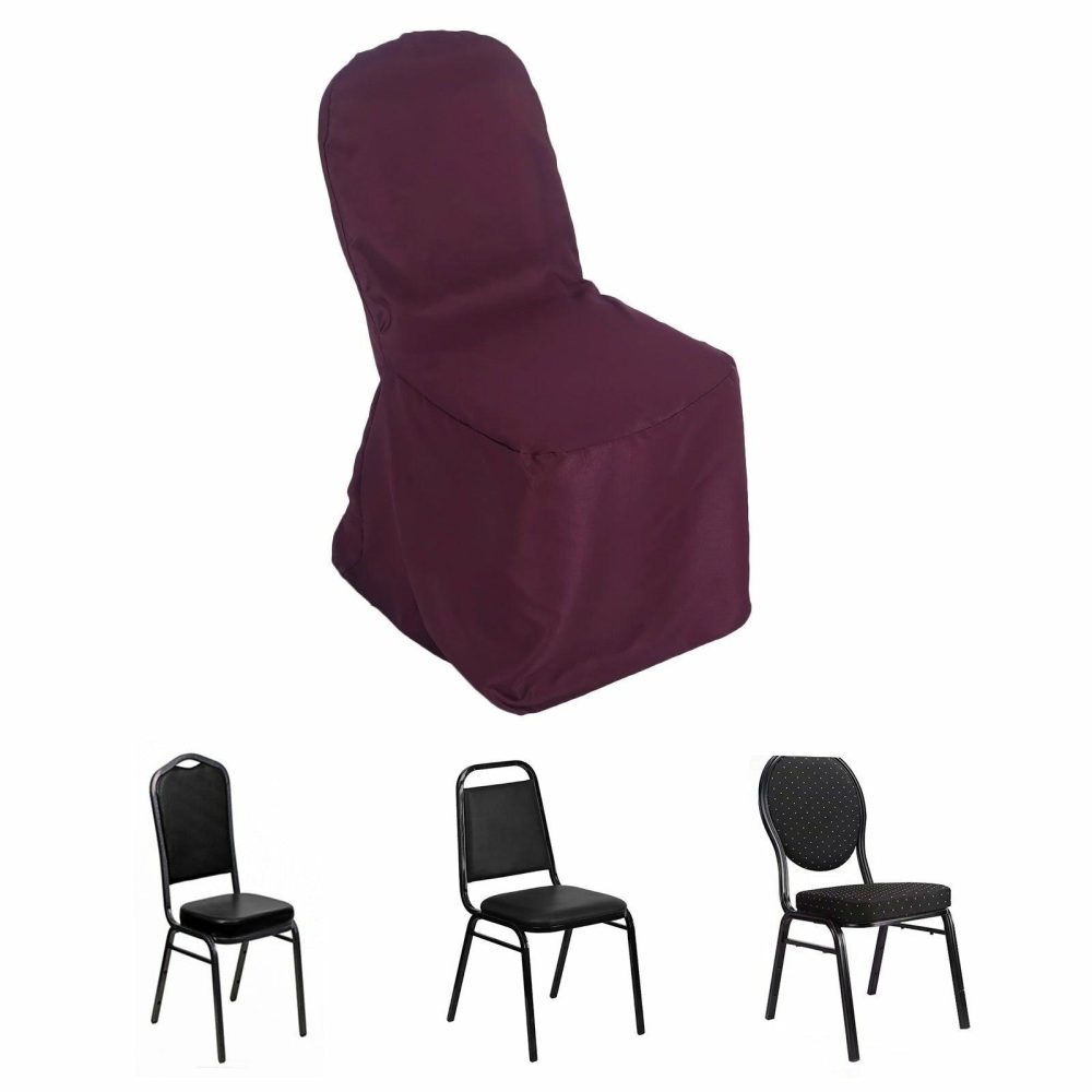 Burgundy Polyester Banquet Chair Cover, Reusable Stain Resistant Slip On Chair Cover  |   Polyester & Satin Banquet Chair Covers Burgundy