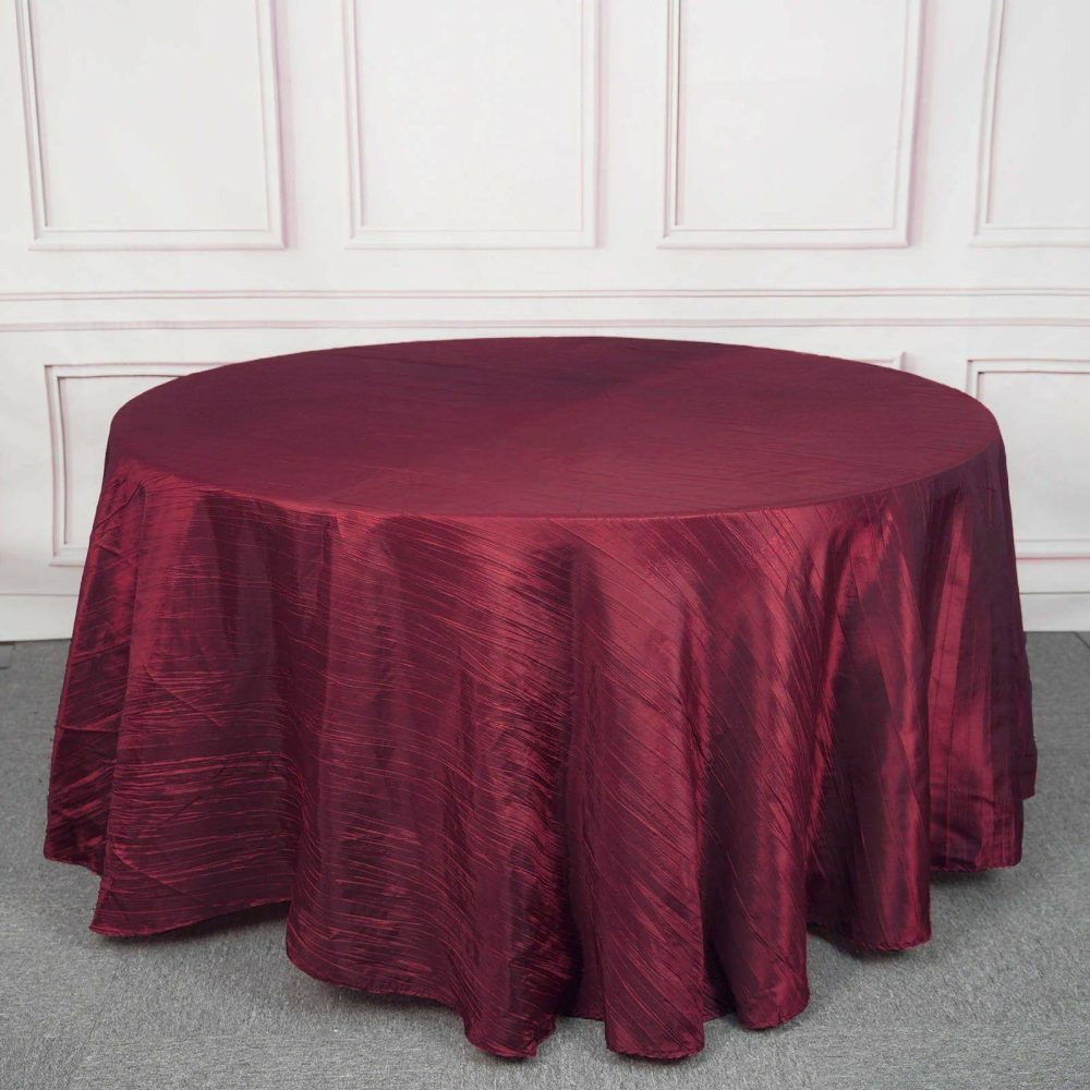 Burgundy Seamless Accordion Crinkle Taffeta Round Tablecloth 120″ for 5 Foot Table With Floor-Length Drop  |   Pintuck, Crinkle & Leaf Pintuck, Crinkle & Leaf Burgundy