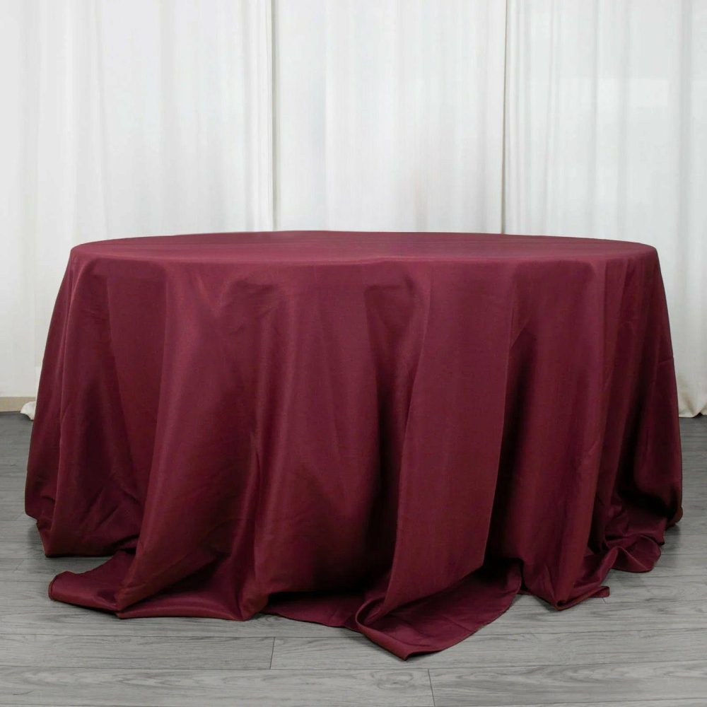 Burgundy Seamless Premium Polyester Round Tablecloth 220GSM 132″ for 6 Foot Table With Floor-Length Drop  |   Polyester Polyester Burgundy