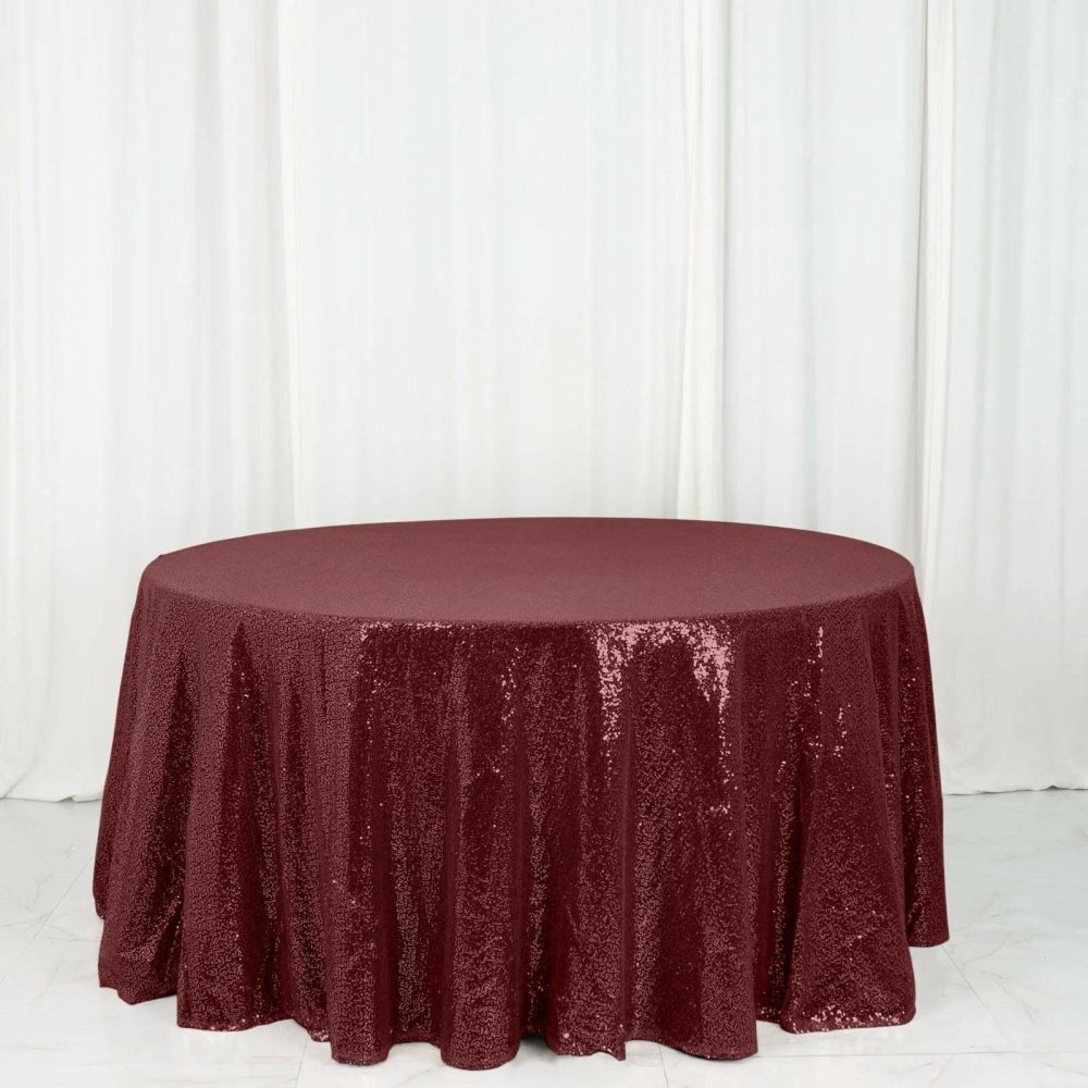 Burgundy Seamless Premium Sequin Round Tablecloth 120″ for 5 Foot Table With Floor-Length Drop  |   Sequin Sequin Burgundy