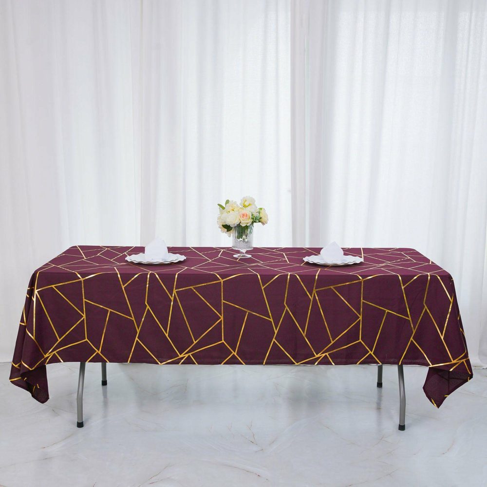 Burgundy Seamless Rectangle Polyester Tablecloth With Gold Foil Geometric Pattern 60″x102″  |   Polyester Polyester Burgundy