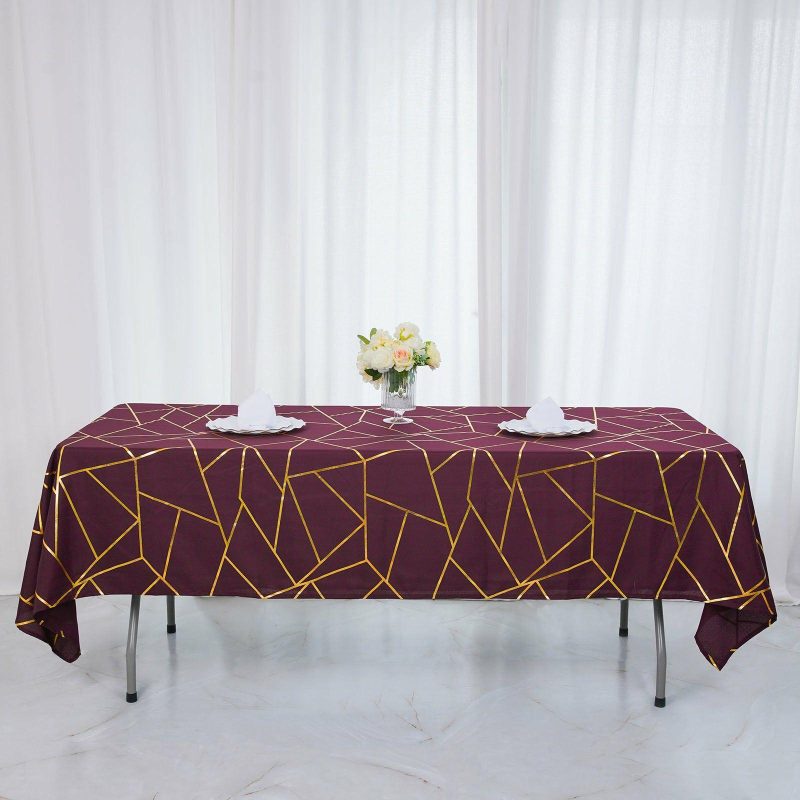 Burgundy Seamless Rectangle Polyester Tablecloth With Gold Foil Geometric Pattern 60″x102″  |   Polyester Polyester Burgundy