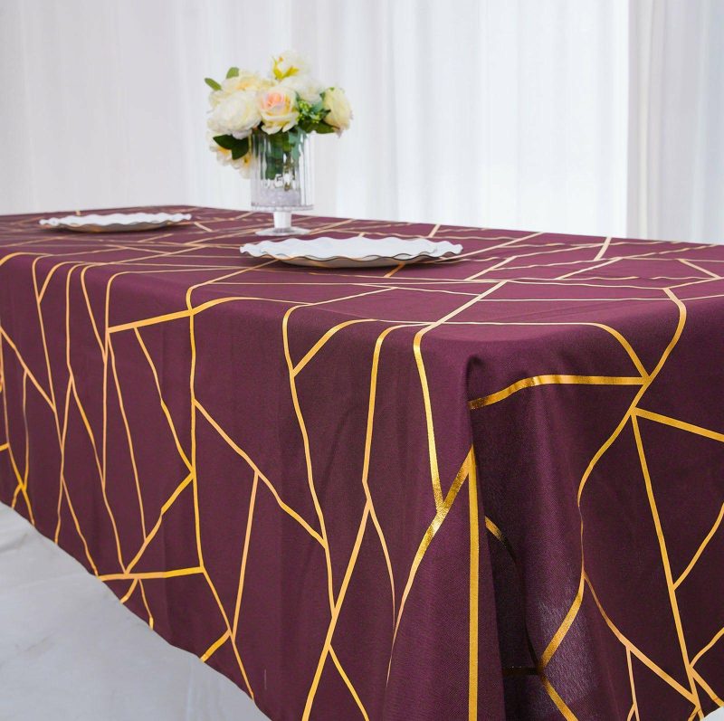 Burgundy Seamless Rectangle Polyester Tablecloth With Gold Foil Geometric Pattern 60″x102″  |   Polyester Polyester Burgundy