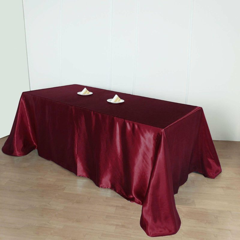 Burgundy Seamless Satin Rectangular Tablecloth 90″x156″ for 8 Foot Table With Floor-Length Drop  |   Satin Satin Burgundy