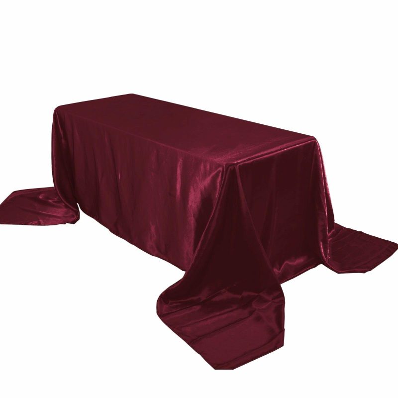 Burgundy Seamless Satin Rectangular Tablecloth 90″x156″ for 8 Foot Table With Floor-Length Drop  |   Satin Satin Burgundy