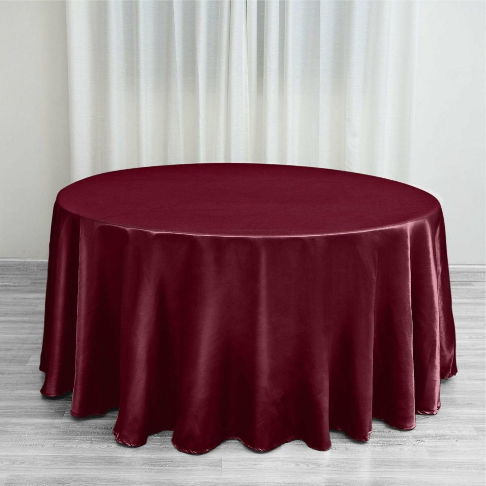 Burgundy Seamless Satin Round Tablecloth 120″ for 5 Foot Table With Floor-Length Drop  |   Satin Satin Burgundy