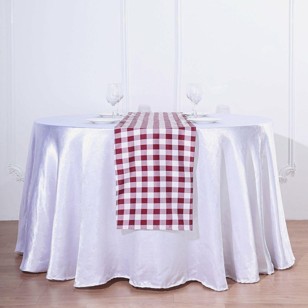 Burgundy / White Buffalo Plaid Table Runner, Gingham Polyester Checkered Table Runner 14″x108″  |   Polyester Polyester Burgundy