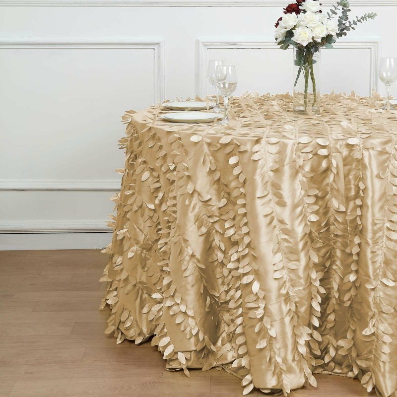 Champagne 3D Leaf Petal Taffeta Fabric Seamless Round Tablecloth 120″ for 5 Foot Table With Floor-Length Drop  |   Pintuck, Crinkle & Leaf Pintuck, Crinkle & Leaf Champagne