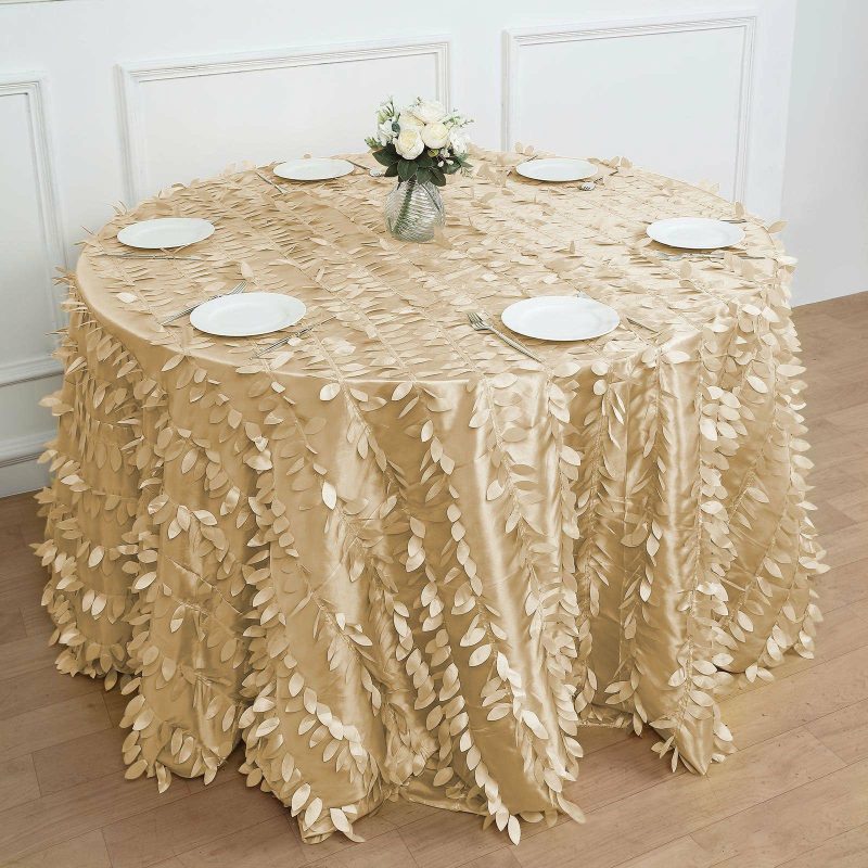 Champagne 3D Leaf Petal Taffeta Fabric Seamless Round Tablecloth 120″ for 5 Foot Table With Floor-Length Drop  |   Pintuck, Crinkle & Leaf Pintuck, Crinkle & Leaf Champagne