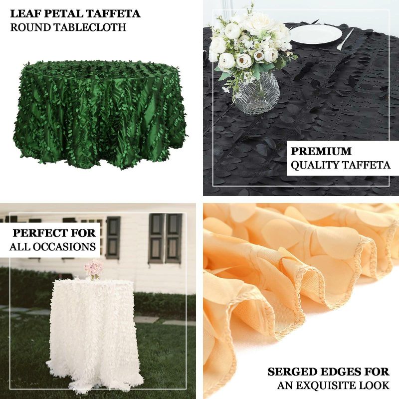 Champagne 3D Leaf Petal Taffeta Fabric Seamless Round Tablecloth 120″ for 5 Foot Table With Floor-Length Drop  |   Pintuck, Crinkle & Leaf Pintuck, Crinkle & Leaf Champagne