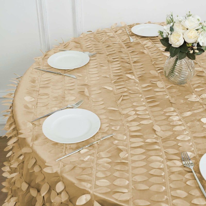 Champagne 3D Leaf Petal Taffeta Fabric Seamless Round Tablecloth 120″ for 5 Foot Table With Floor-Length Drop  |   Pintuck, Crinkle & Leaf Pintuck, Crinkle & Leaf Champagne