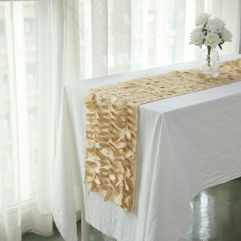 Champagne 3D Leaf Petal Taffeta Fabric Table Runner 12″x108″  |   Stylish Stylish Champagne