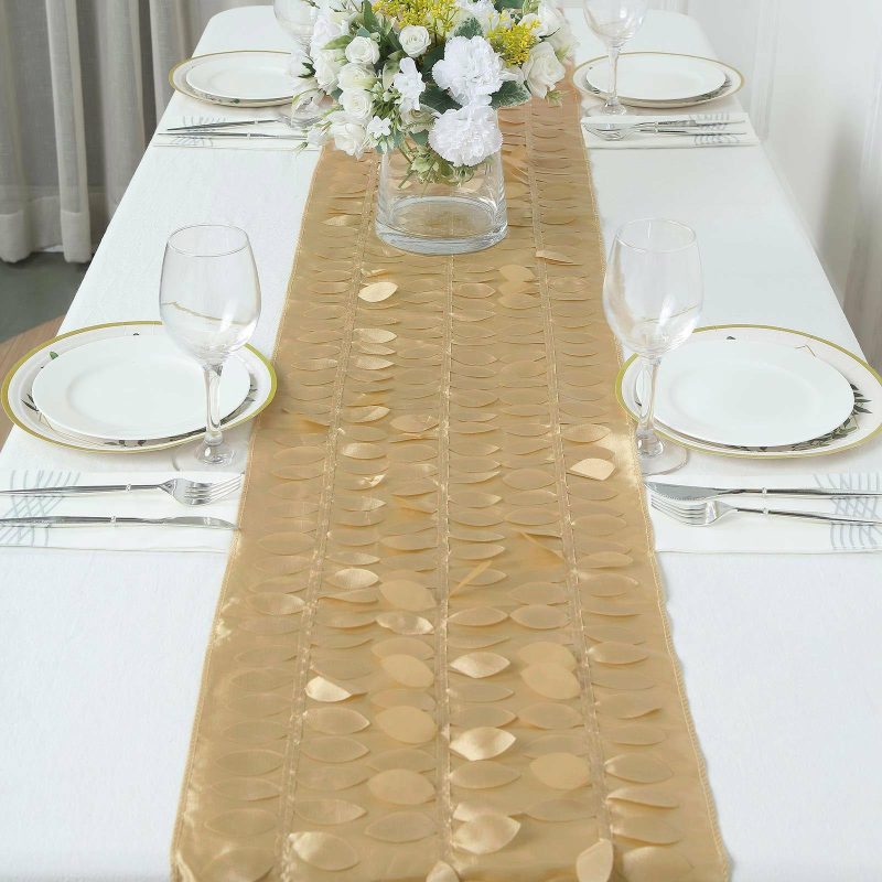 Champagne 3D Leaf Petal Taffeta Fabric Table Runner 12″x108″  |   Stylish Stylish Champagne