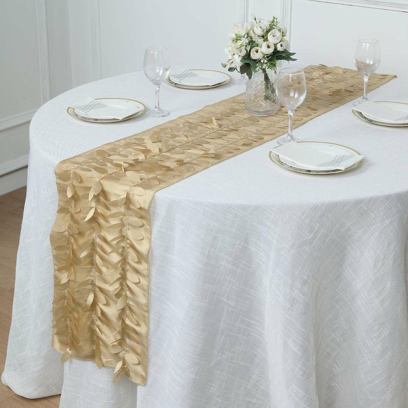 Champagne 3D Leaf Petal Taffeta Fabric Table Runner 12″x108″  |   Stylish Stylish Champagne