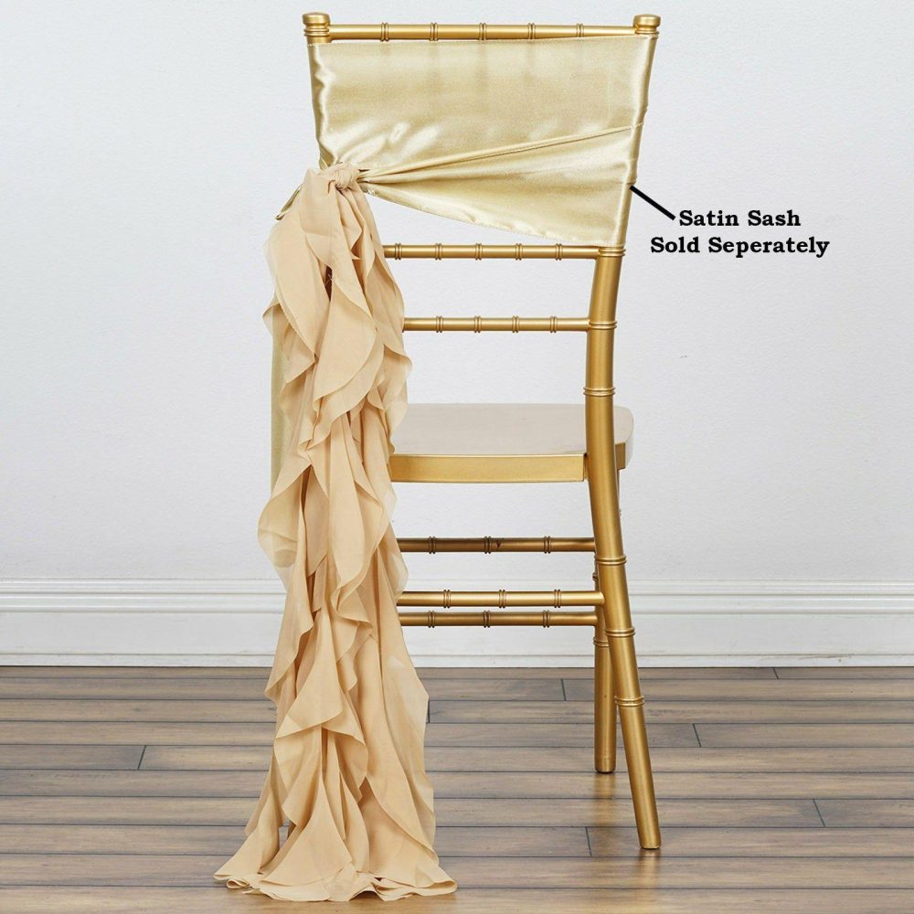 Champagne Chiffon Curly Chair Sash  |   Organza & Chiffon Chair Sashes Champagne