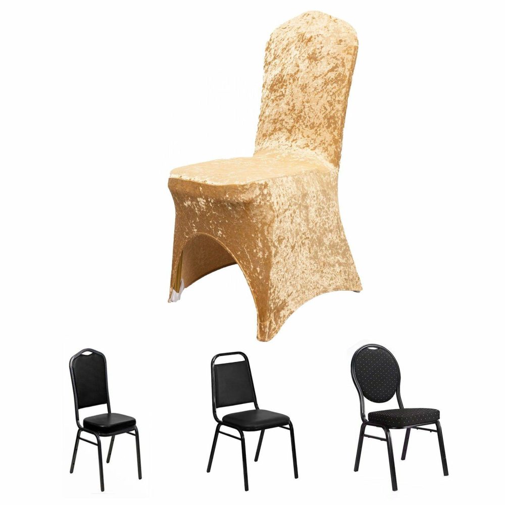 Champagne Crushed Velvet Spandex Stretch Banquet Chair Cover With Foot Pockets, Fitted Wedding Chair Cover 190 GSM  |   Spandex Fitted Banquet Chair Covers Champagne