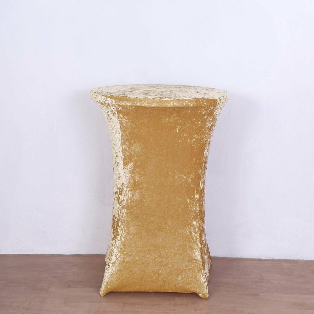 Champagne Crushed Velvet Stretch Fitted Round Highboy Cocktail Table Cover  |   Spandex & Fitted Spandex & Fitted Champagne